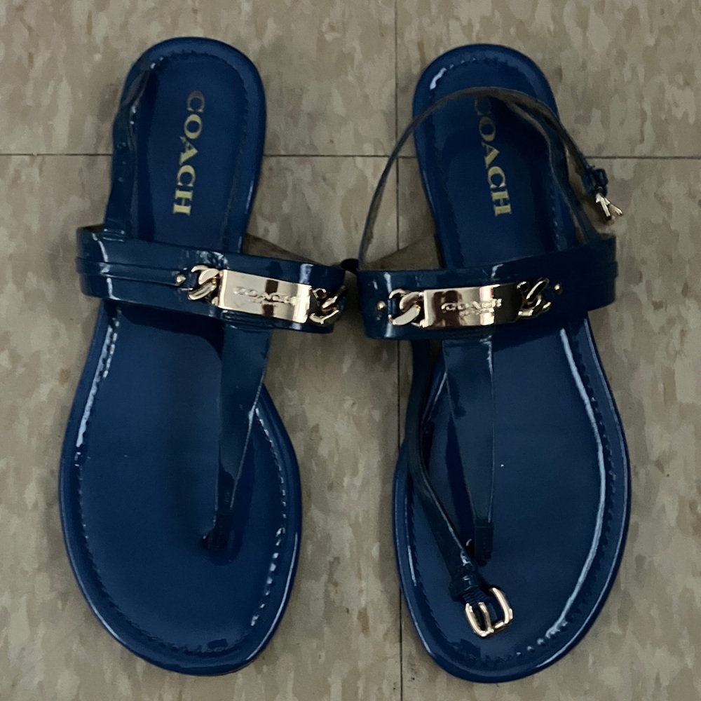 Coach Glossy Navy Patent T-Strap Sandals with Gold Accent
